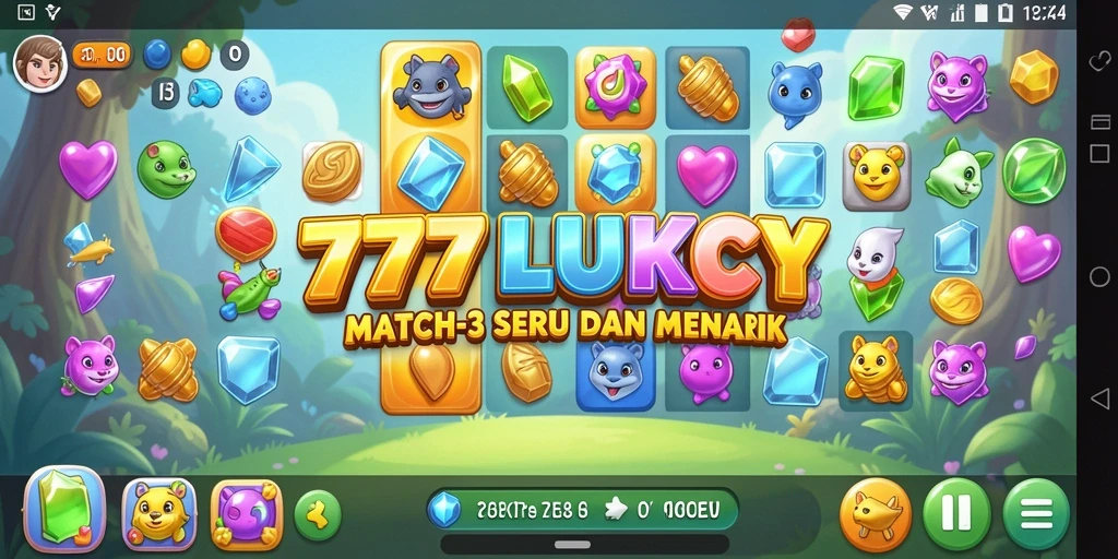 Tampilan screenshot gameplay dari 777LUKCY dengan aksi Match-3 yang seru.