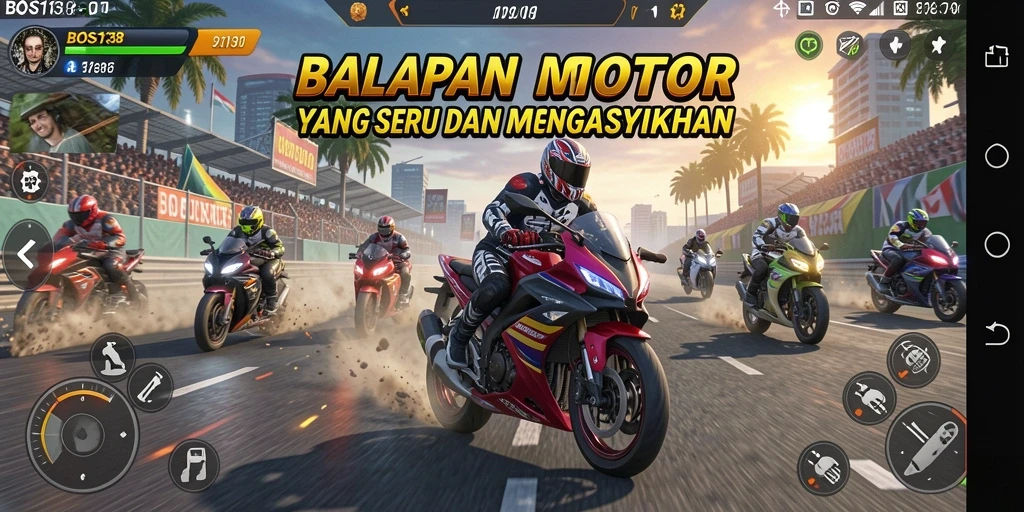 Tampilan gameplay seru dalam BOS138 dengan berbagai motor balap.