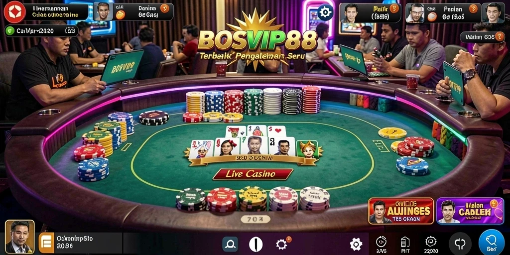 Screenshot gameplay BOSVIP88 menampilkan dealer langsung yang sedang beraksi di meja permainan.