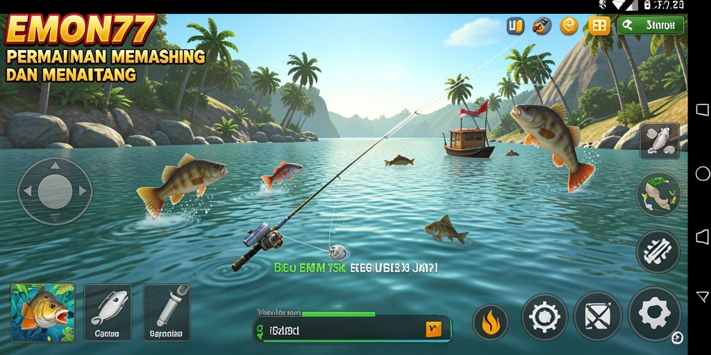 Tampilan gameplay EMON77 yang mendebarkan saat memancing ikan besar.