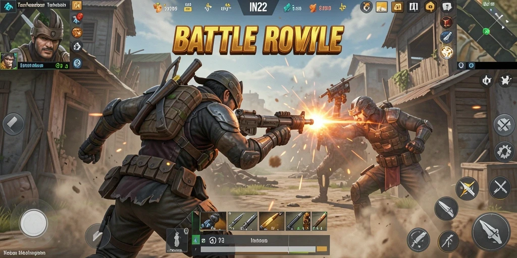 Gameplay Battle Royale yang mendebarkan di IN22 dengan berbagai senjata dan strategi.