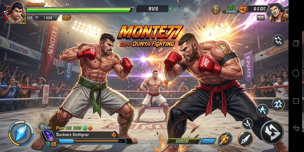 Screenshot gameplay <strong>MONTE77</strong> menampilkan pertarungan intens penuh aksi.