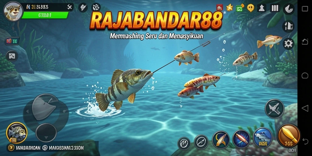 Screenshot utama gameplay RAJABANDAR88 menampilkan aksi memancing yang seru.