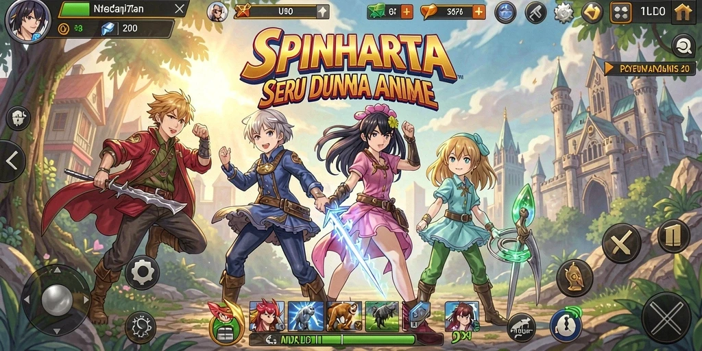 Screenshot gameplay SPINHARTA menunjukkan karakter-karakter anime yang beraksi seru.