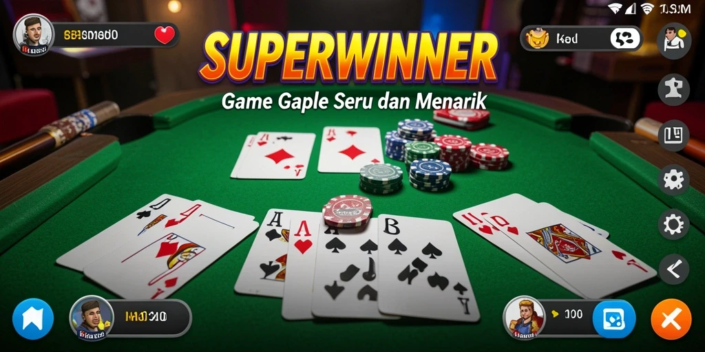 Screenshot utama SUPERWINNER menampilkan penggambaran permainan Gaple yang seru.