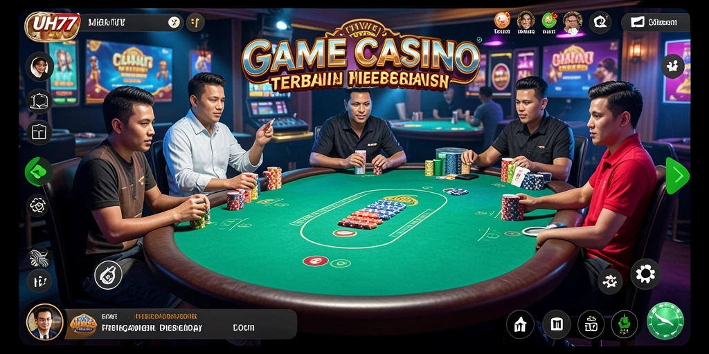 Tampilan screenshot UH77 menampilkan dealer langsung dan meja permainan yang interaktif.