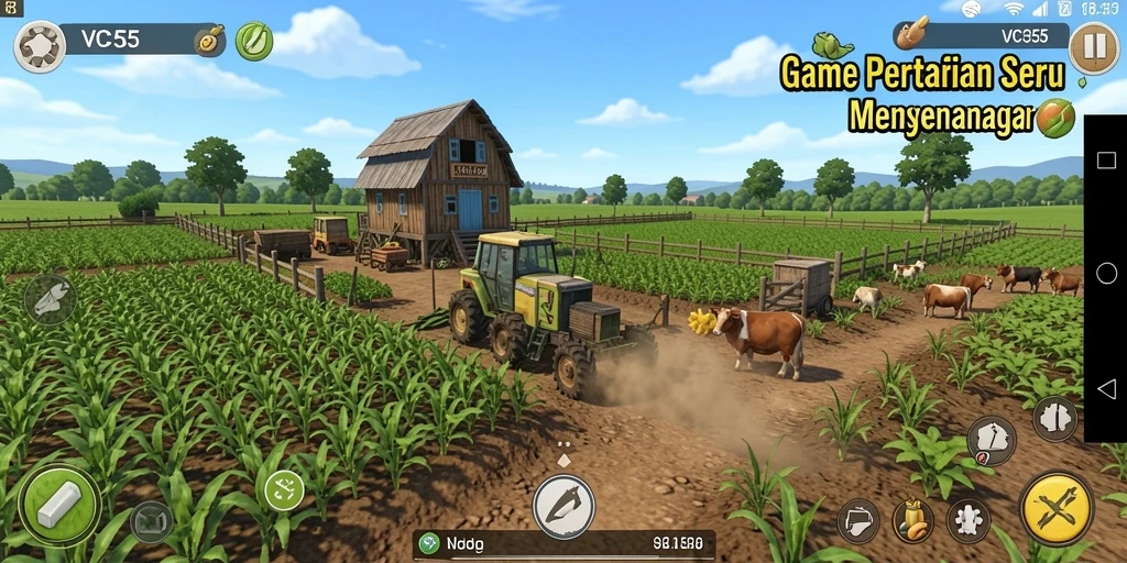 Tampilan gameplay VC55 dengan ladang yang subur dan beragam tanaman.