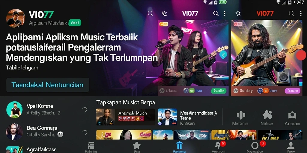 Screenshot utama VIO77 menampilkan antarmuka aplikasi musik yang menarik.